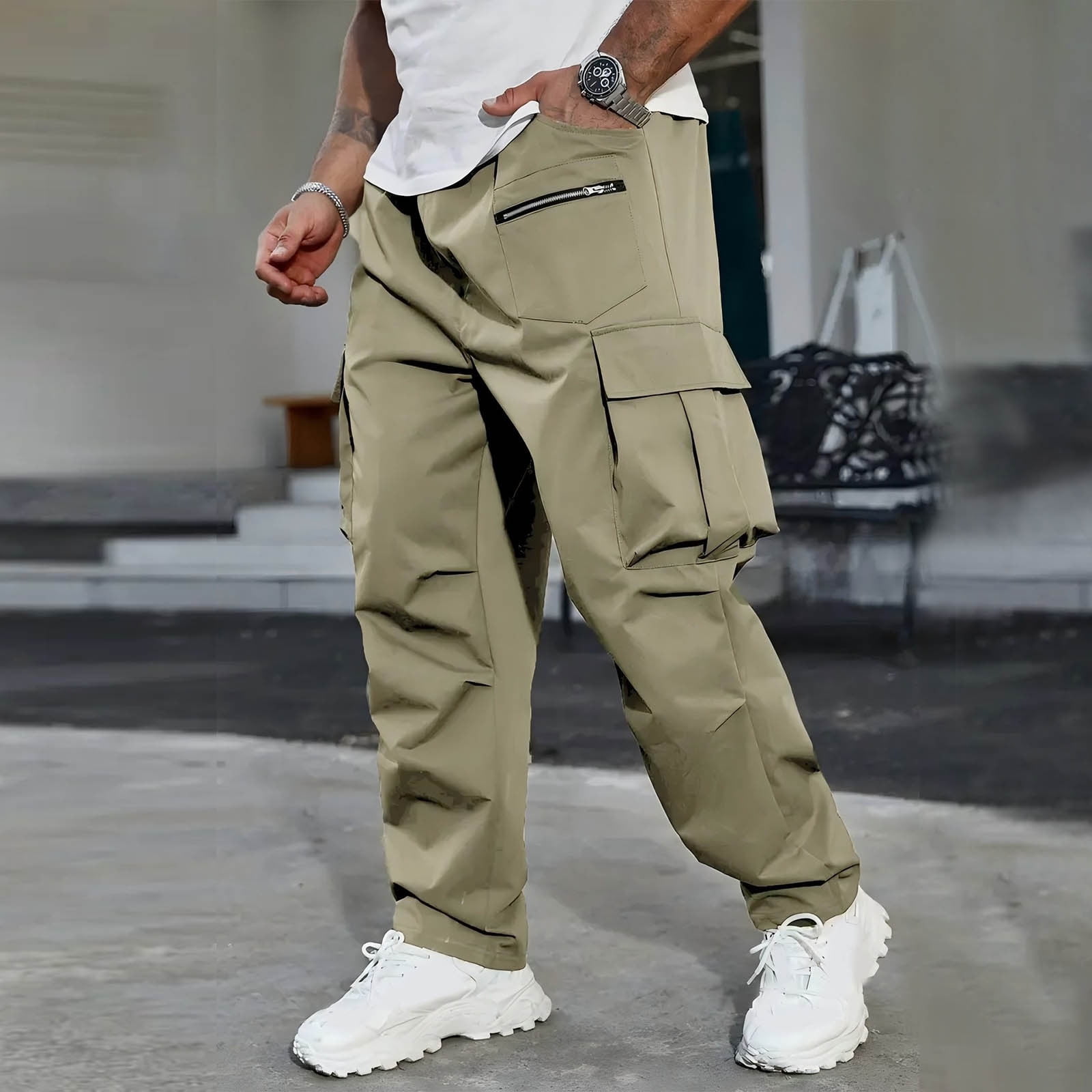 Mgmyaa Pantalon Cargo Homme Ample Décontracté Avec Cordon De Serrage Taille Lastique Poches Pantalon D Exercice