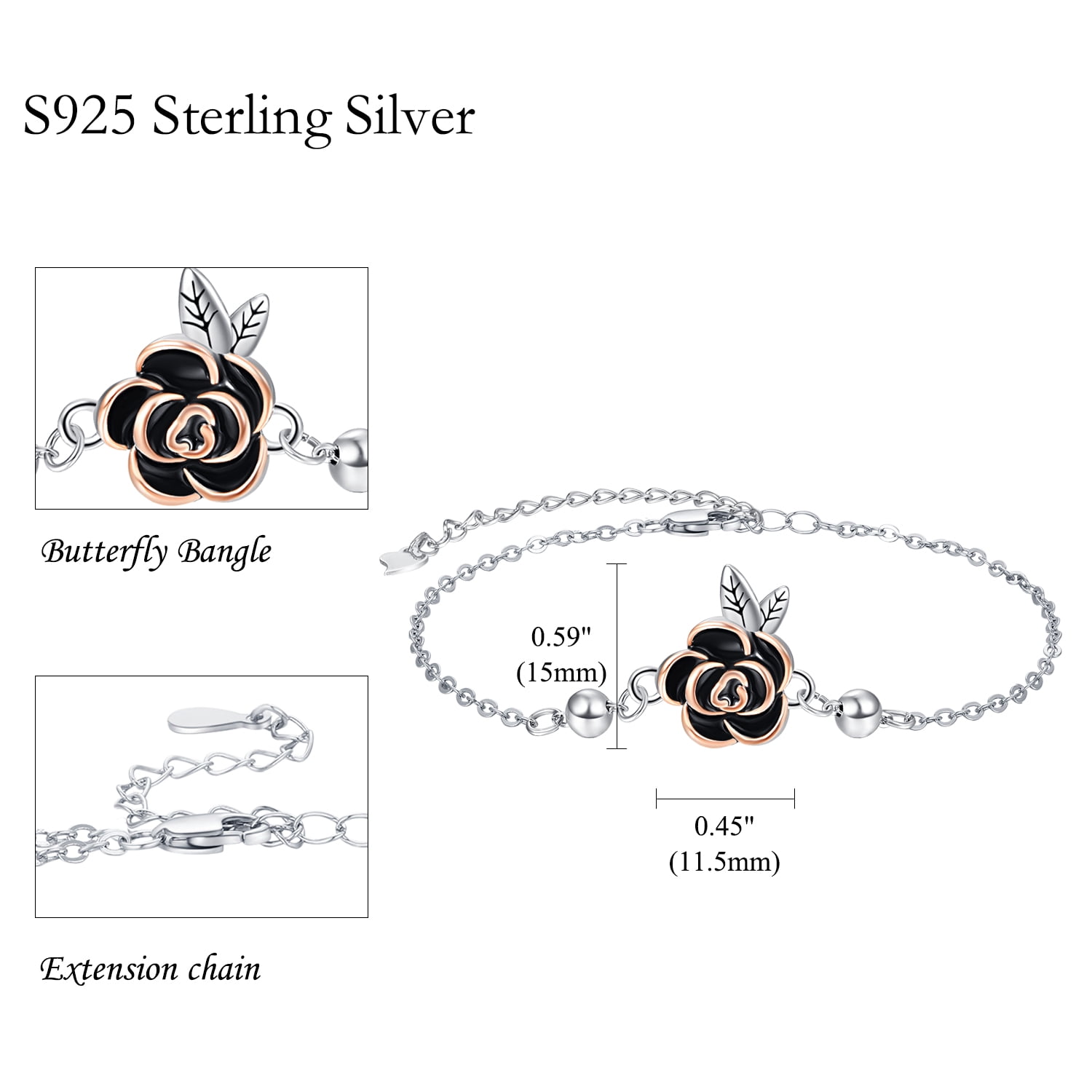 TANGPOET Rose Bracelet for Women Girls 925 Sterling Silver Bracelets Jewelry Gifts for Mom Daughter Sister Best Friend Charms 7+2inch Adjustable