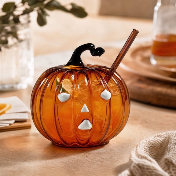 Halloween Pumpkin Glass Cup, Beverage Serving with Lid, Glass, for Party Tables and Home Bars, Pumpkin-Face Shaped Glass Design, Lidded Tumbler