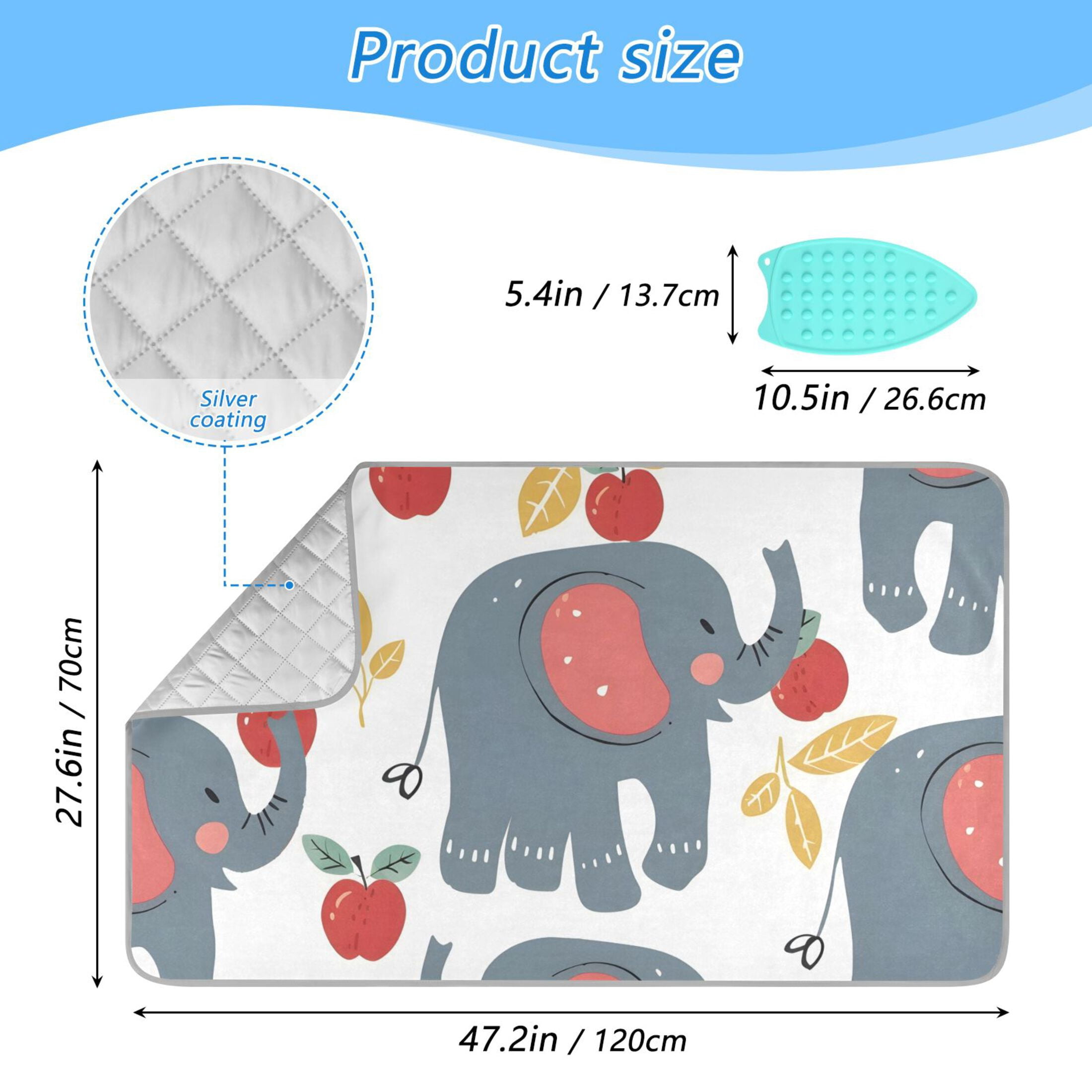 Cartoon Elephants Leaves Fruits Cute Ironing Mat Blanket Portable Travel Ironing Pad Heat Resistant Pad 47.2" x 27.6”