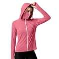thumbnail image 2 of CheerKidz Women's Sun Protection Hoodie Long Sleeve Zip Up Jacket with Thumb Holes High Neck Face Cover Outdoor Running Hiking Warm Weather Active Top Breathable (Watermelon Red, 3XL)., 2 of 5