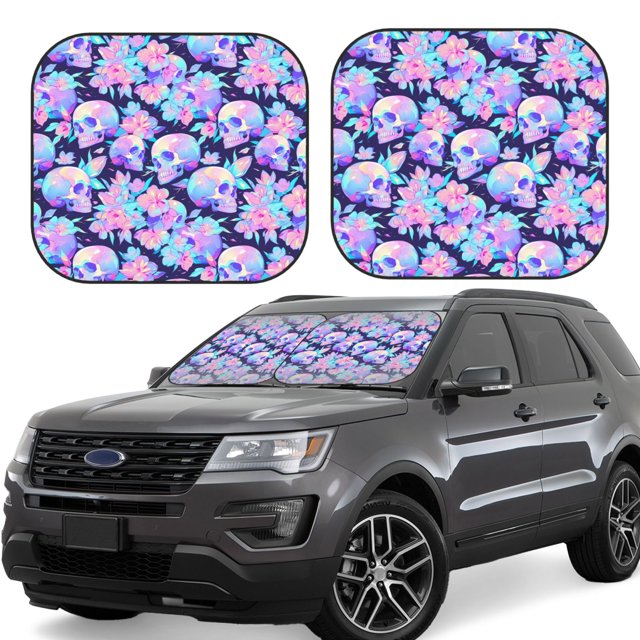 Fotbe pinkk flower crystal Skull Juego de 2 Piezas de Parasoles para Parabrisas | Bloqueador Solar para Auto | Accesorios Plegables para Protección Solar Interior-Medium