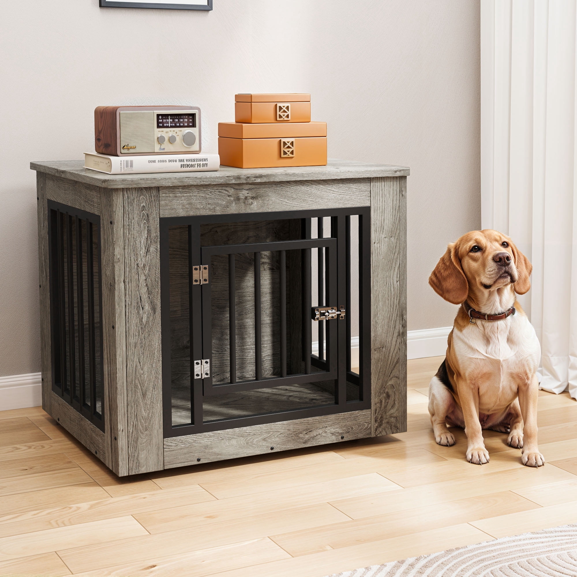 Uforic 2-in-1 Dog Crate Furniture, 27 in Wooden Indoor Dog Cage Table with Steel Lock & Waterproof Top,Gray