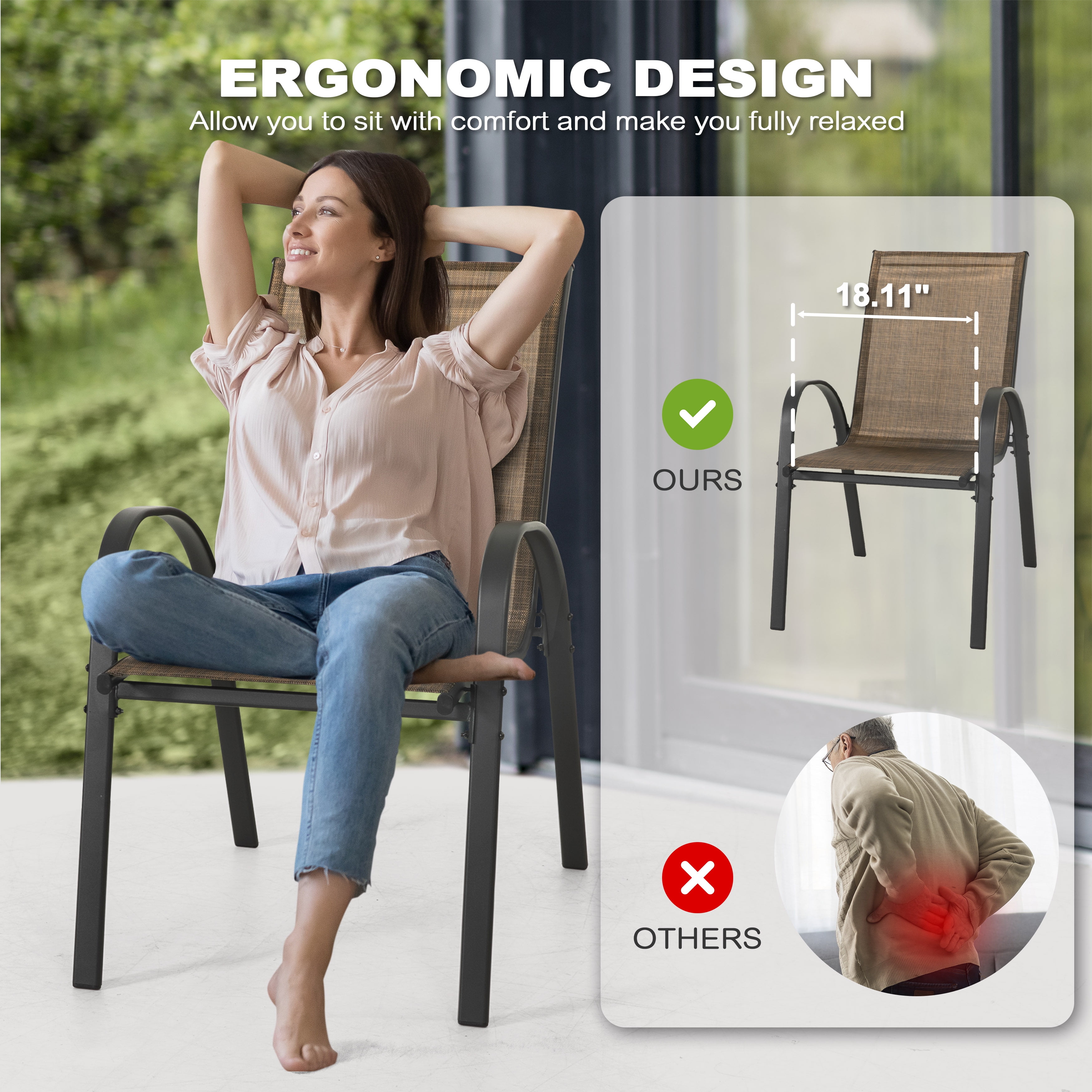 Nuu Garden Set of 4 Patio Dining Chairs, Outdoor Stackable Chairs for All Weather, Breathable Textilene Outdoor Armchair Set, Brown
