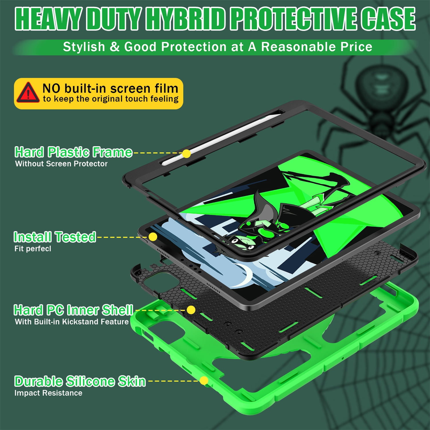 Kids Case for iPad 9th/8th/7th Generation with Pencil Holder, Lightweight Shockproof Stand Anti-Slip Rugged Silicone PC Case Cover for iPad 10.2" 2021/2020/2019 for Boys Girls, Green+Black