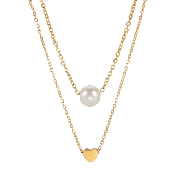 EUEAVAN Love Pearl Pendant Double Layer Stainless Steel Necklace Gold