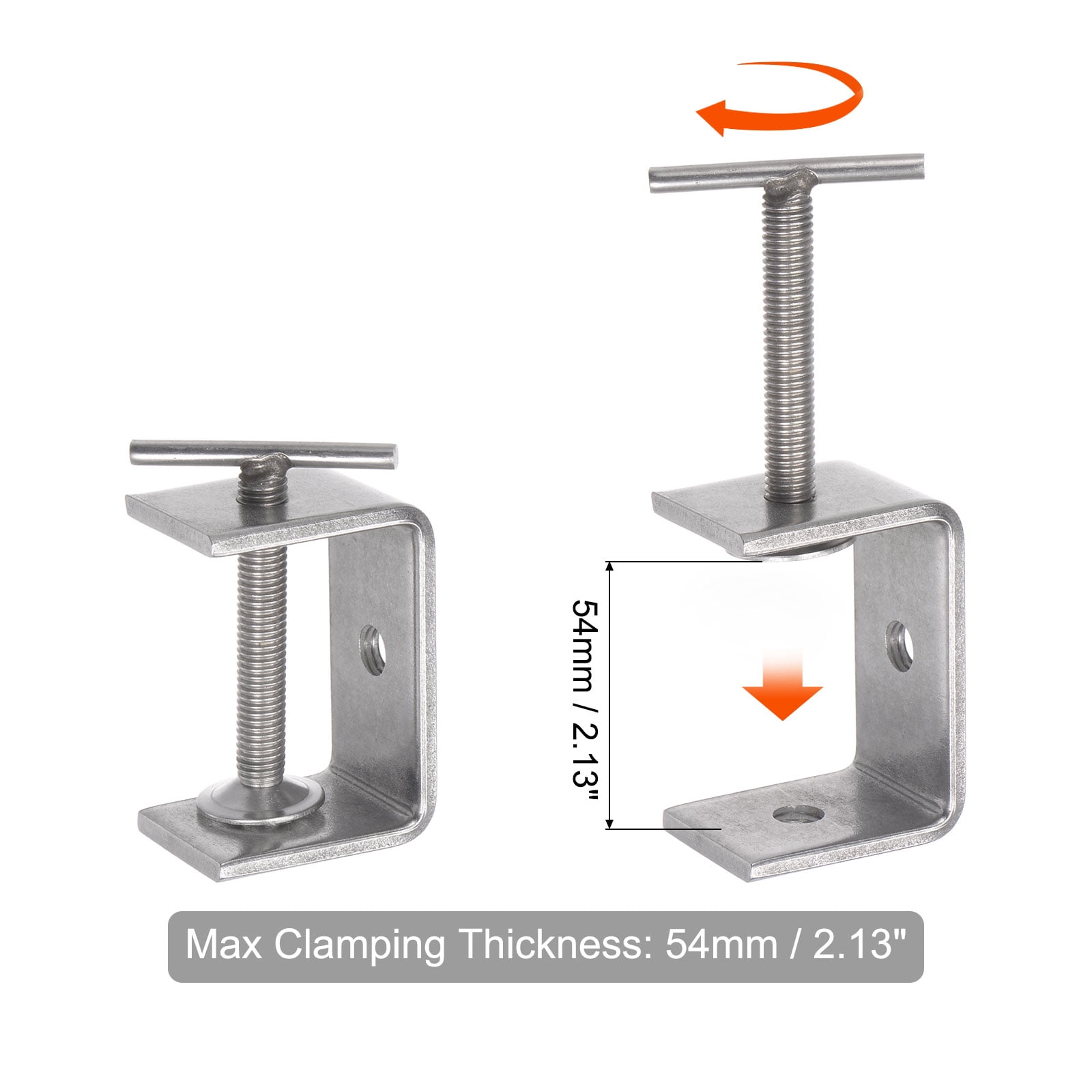 Uxcell Stainless Steel C-Clamp 2.28 Inch Wide Jaw Opening 0-54mm Range with T-Bar Handle for Woodworking Welding Building 2Pcs