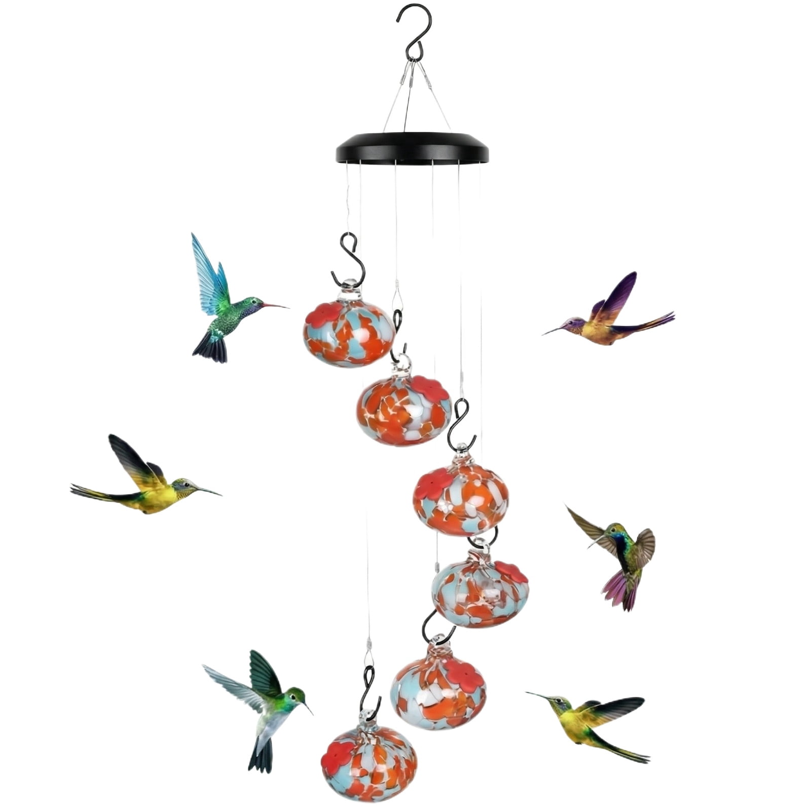 Handblown Glass Hummingbird Feeder Wind Chime with 6 Feeding Stations, Solar Powered Outdoor Hanging Bird Feeder for Garden Yard Decor, Vibrant Leak-Proof Hummingbird Habitat