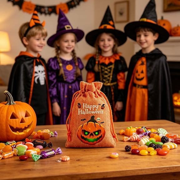 AZXY Halloween Trick or Treat Bags Linen Drawstring Pumpkin Candy Pouches, Reusable Happy Halloween Gift Treat Sacks for Holiday Costume Party Favors & Halloween Decor Supplies