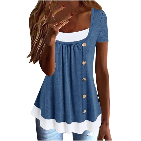QLEICOM Women's Casual Short Sleeve Henley Crewneck Loose Fit Pleated Tunic Shirt Blouse Tops Fake Two Pieces Pleated Button T-Shirt Blue M, US Size:6