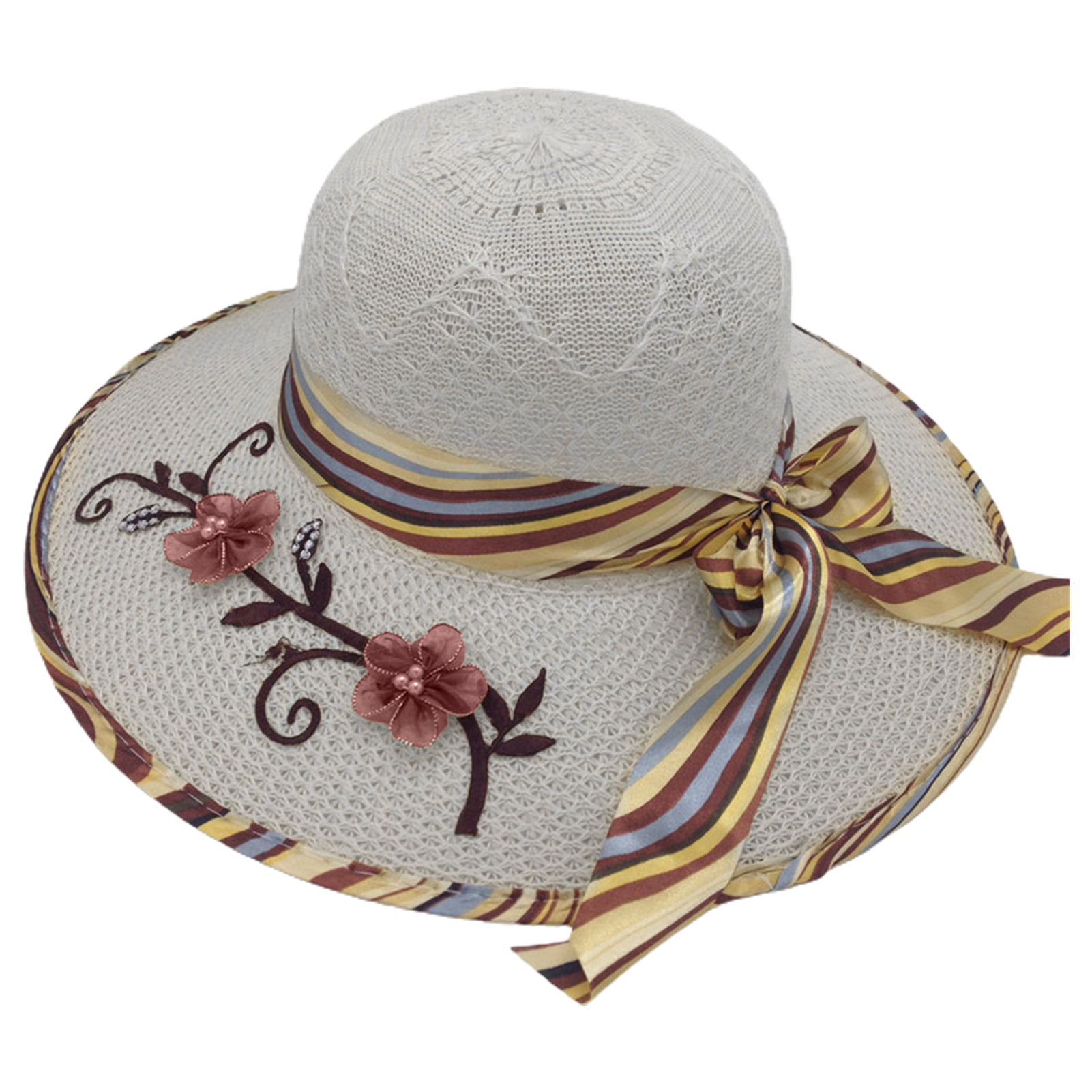 lizyue Ribbon Bowknot Decor Flower Stitching Sun Hat Foldable