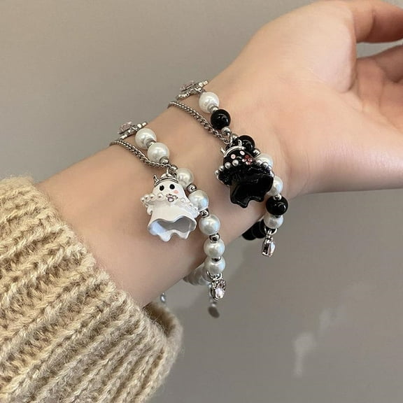 2Pcs glass bead bracelets with black and white ghost accessories, cute style, suitable as gifts for couples or best friends.