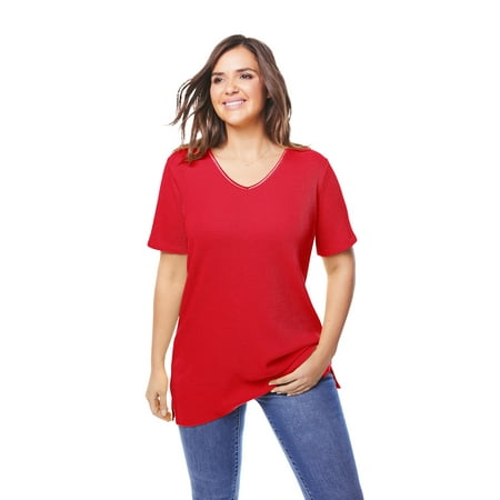 Woman Within Women's Plus Size V-Neck Thermal Tee with Satin Trim