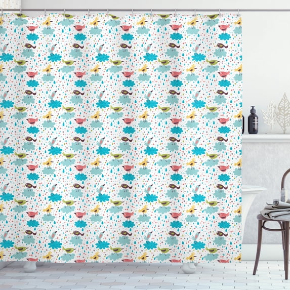 Animal Art Shower Curtain, Nursery Pattern Image of Birds on Clouds and Rain Drops Art Print, Fabric Bathroom Set with Hooks, 69W X 70L Inches, White and Multicolor, by Ambesonne