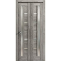 Sliding Closet Bi-fold Doors 72 x 84 inches | Quadro 4088 Nebraska Grey with Frosted Glass | Sturdy Tracks Moldings Trims Hardware Set | Wood Solid Bedroom Wardrobe Doors