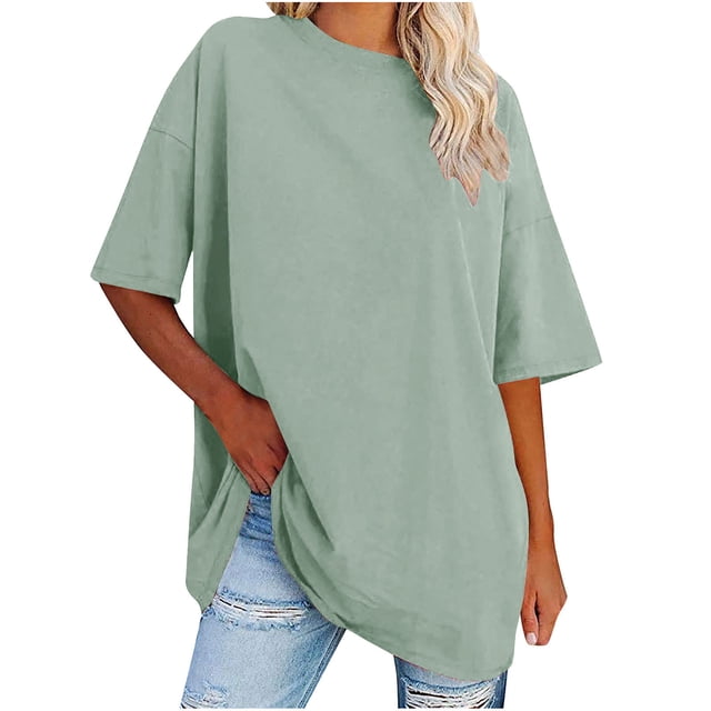 Plebaso T-Shirts Surdimensionnés pour Femmes 2025 Manches Courtes Hauts Amples Col Rond Décontracté Basiques