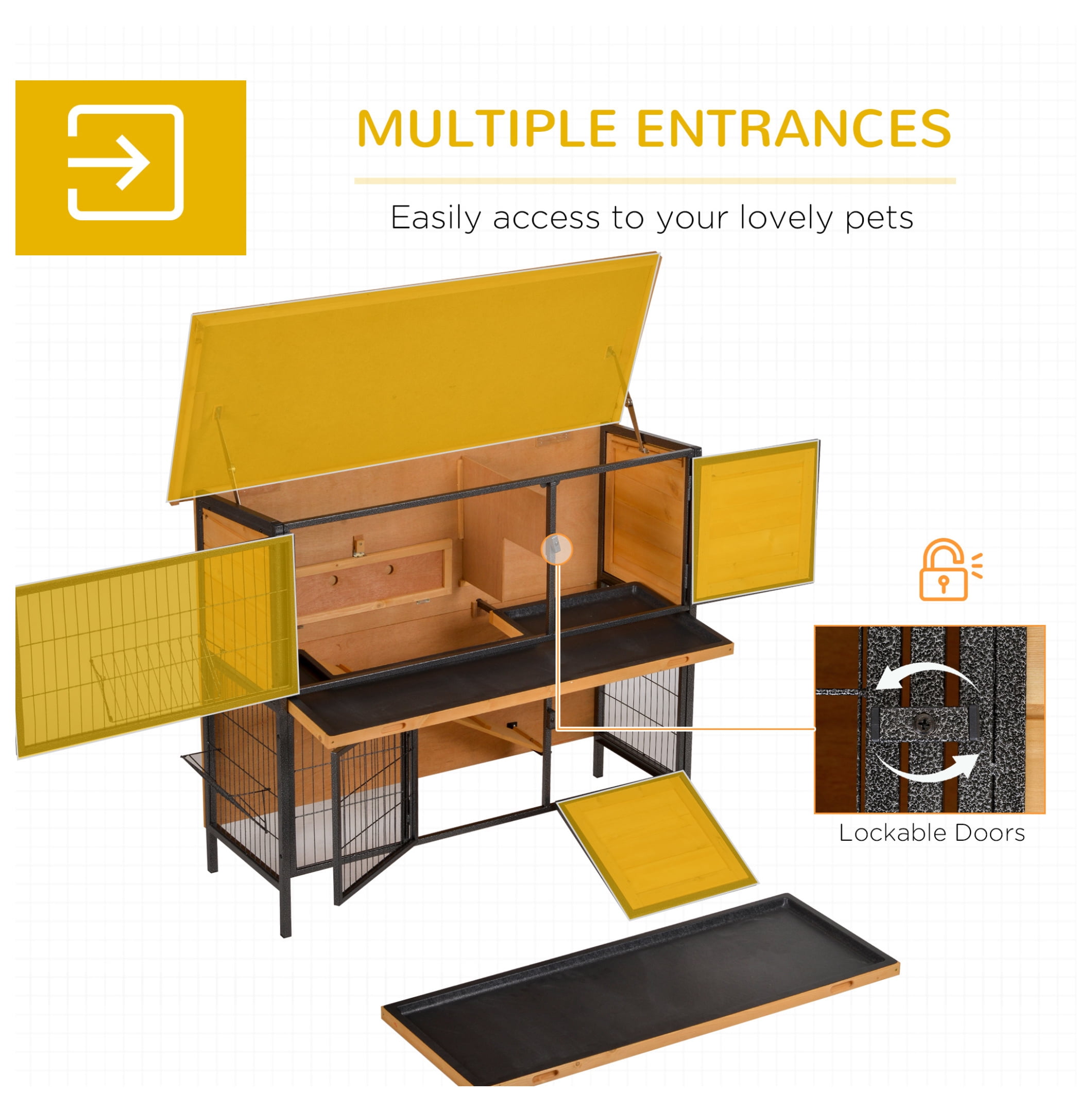 " 2-Story Large Rabbit Hutch Bunny Cage Wooden Pet House Metal Frame with Individual Room, Ramp, No Leak Tray, Feeding Trough, Waterproof Asphalt Roof for Outdoor/Indoor