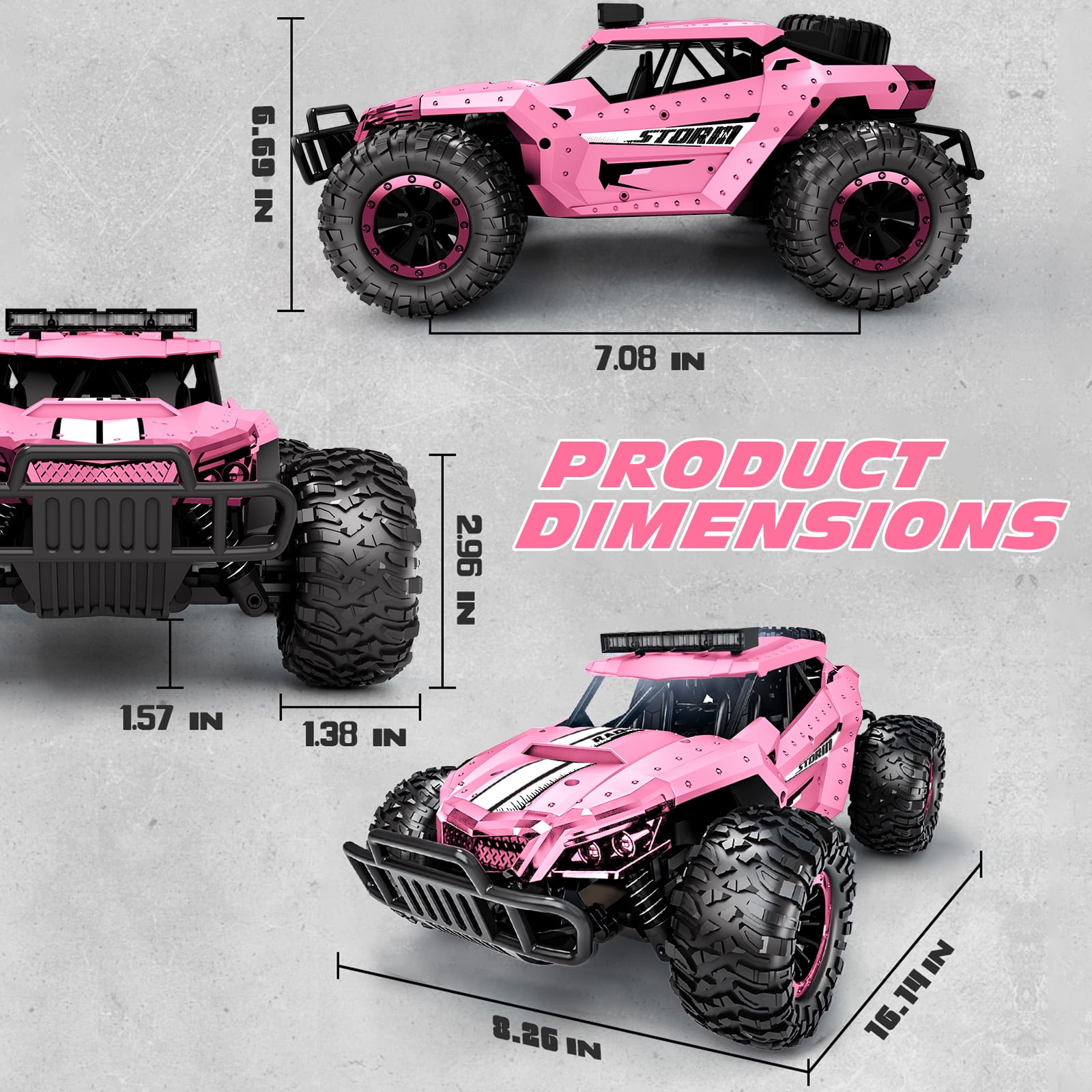 Tecnock Pink RC Car 1/16 Scale Remote Control Car for Girls, High Speed 20+ KM/H All Terrains Rc Monster Truck with Two Rechargeable Batteries & Head Chassis Lights Gift Toy for Kids Adults