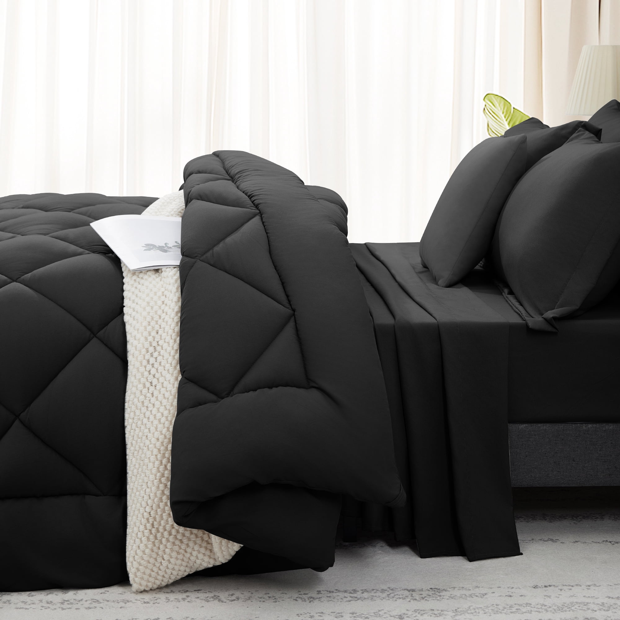 WISHEAD Full Bed in a Bag Comforter Set with 7 Pieces - Black All Season Bedding Sets with Comforter, Pillow Shams, Flat Sheet, Fitted Sheet and Pillowcases
