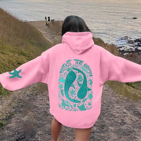 Women's "Protect The Ocean" Graphic Hoodie, Oversized Long Sleeve Pullover, Sea Life Print Casual Sweatshirt with Pockets, 13 Colors, S-XXL
