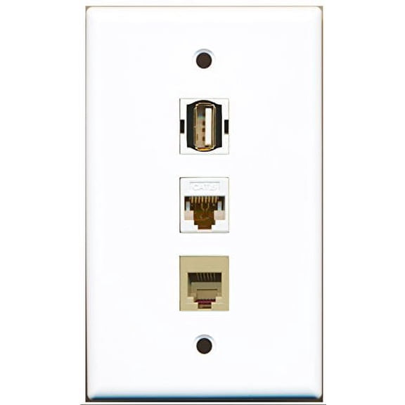 RiteAV - 1 Port USB A-A and 1 Port Phone RJ11 RJ12 Beige and 1 Port Cat6 Ethernet White Wall Plate