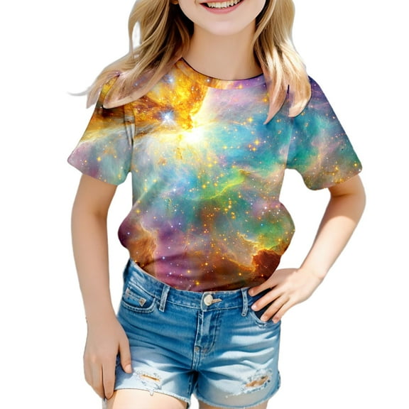 Wangkekeji Galaxy Shirt Girl's Short Sleeve Crew Neck Fancy T Shirt Top Teenager Girls 3D Print Glitter Tops For Carnival Big Girls Clothes Size 16
