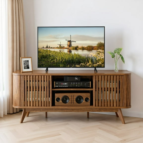 Resenkos Entertainment TV Stand,Entertainment Center2-Door TV Stand for TVs up to 60 Inches with Adjustable Shelves-Walnut