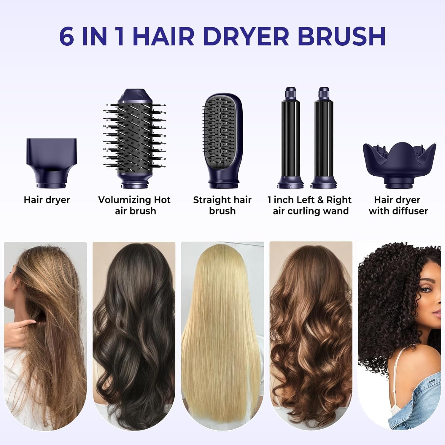Foldable Blow Dryer Brush with Wrap Curler, 6 in 1 Hair Dryer Brush, Detachable Air Hair Styler Curling, Drying,Volumizing, Straightening, Negative Ionic Hair Dryer with Diffuser, Hair Styling Tools