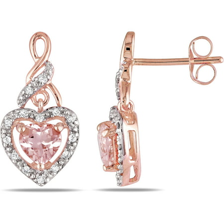 1 Carat T.G.W. Heart-Cut Morganite and 1/8 Carat T.W. Diamond 10kt Pink Gold Heart Earrings