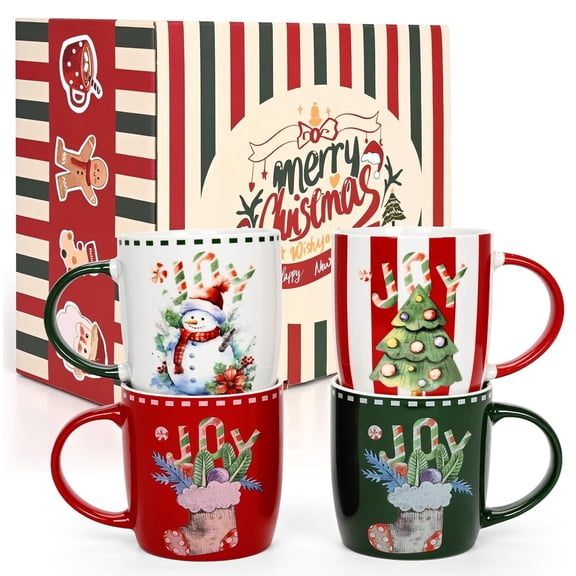 Futtumy Christmas Mugs Set of 4, Ceramic Mug Christmas Gifts, Snowman Christmas Tree Stocking Mugs, Christmas Gifts, Birthday Gifts, White Red Green 11 fl oz Coffee Mug Ceramic Mugs Tea Cup