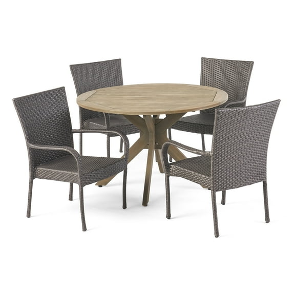 GDF Studio Sloane Outdoor Wicker and Acacia Wood 5 Piece Dining Set, Gray