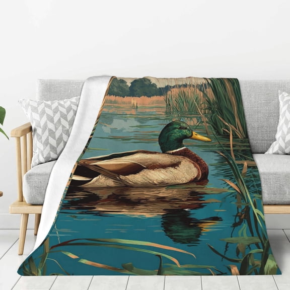 Mallard Duck Throw Blanket, Realistic Wildlife Lake Art, Soft Flannel Fleece for Cabin & Lodge Decor Gift 50x40