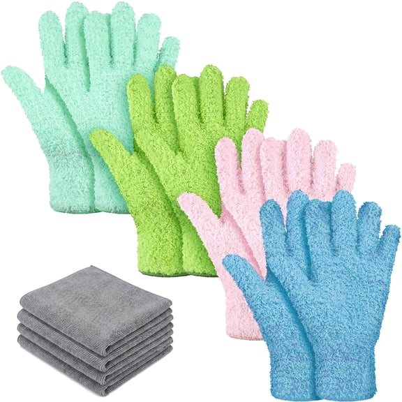 4 Pairs Microfiber Dusting Gloves Set with 4 Towels for Plants, Blinds & Furniture