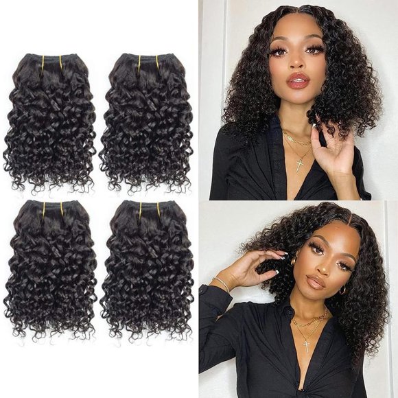 Curly Wave Bundles Human Hair 4 Short Bundles 8 8 8 8 Inch Water Wave Bundles 10A Brazilian 100% Unprocessed Virgin Human Hair Curly Weave Natural Black