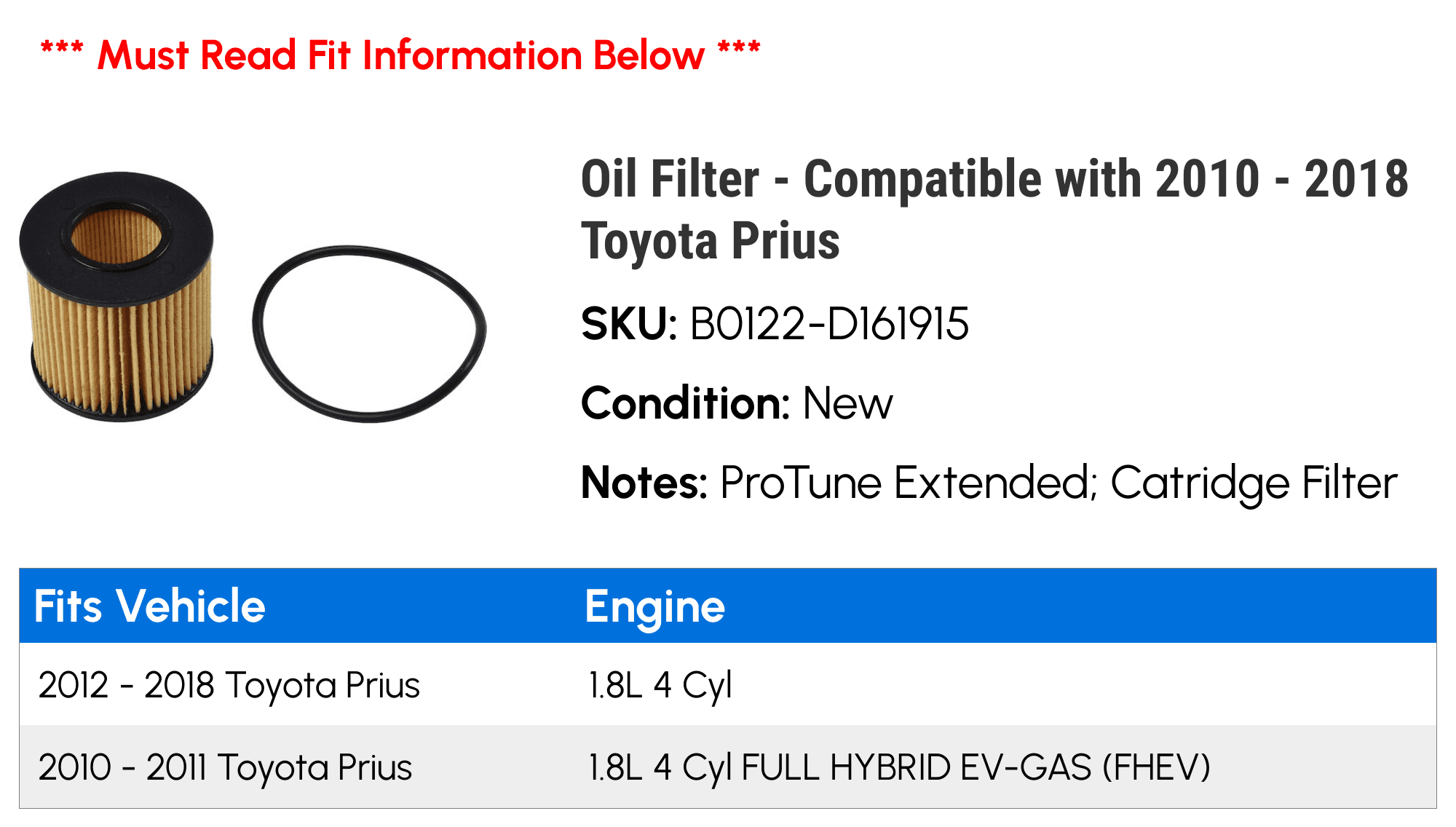 Oil Filter - Compatible with 2010 - 2018 Toyota Prius 2011 2012 2013 2014 2015 2016 2017