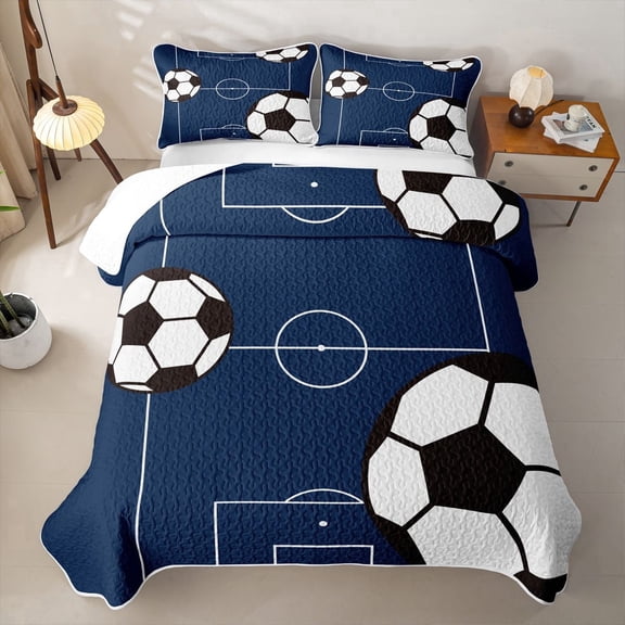 Erosebridal Blue Soccer Twin Quilt Set,Classic Football Twin Coverlet Set For Boys,2 Pieces