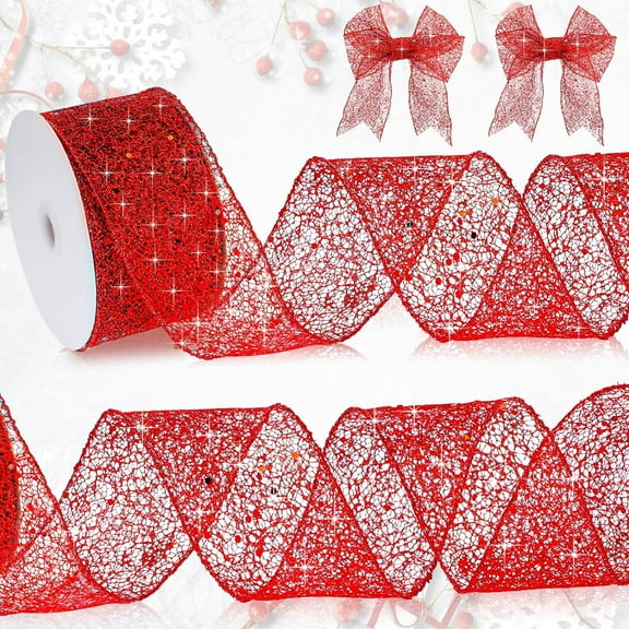 Glitter Mesh Wired Ribbon 2.5" X 10 Yards Webbed Sequin Glitter Christmas Ribbon for Tree Garlands Decoration, Home Decor, Craft Projects, Wreath Supplies