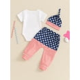 thumbnail image 3 of Niusricy 4th of July Clothes for Baby Boy 0 3M 6M 12M 18M Kids Toddler Summer Outfit Short Sleeve Romper Letter Embroidery Jumpsuit Crew Neck Tops with Stripe Pants and Hat for Independence Day, 3 of 9