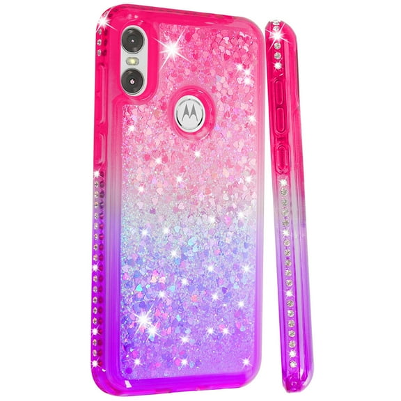 FIEWESEY For Motorola One P30 Play Case Moto One P30 Play Glitter Case Sparkle Glitter Flowing Liquid Quicksand with Shiny Bling Diamond Women Girls Cute Case For Motorola One P30 Play - Pink+Purple