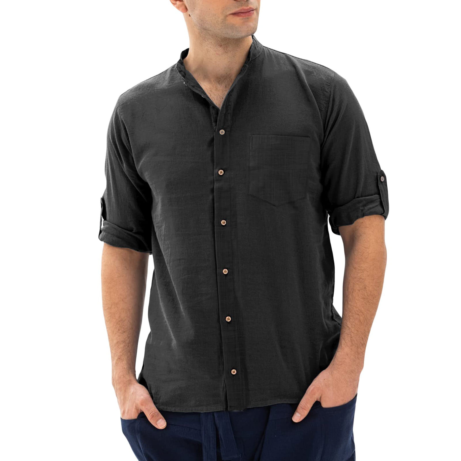 Wiskunde Kreet zeven Tangnade Polo Shirts for Men T-shirts Mens Linen Cotton Shirt Button Down  Long Sleeve Turn-down Collar Beach Hippie Yoga Plain Banded Collar Tops -  Walmart.com