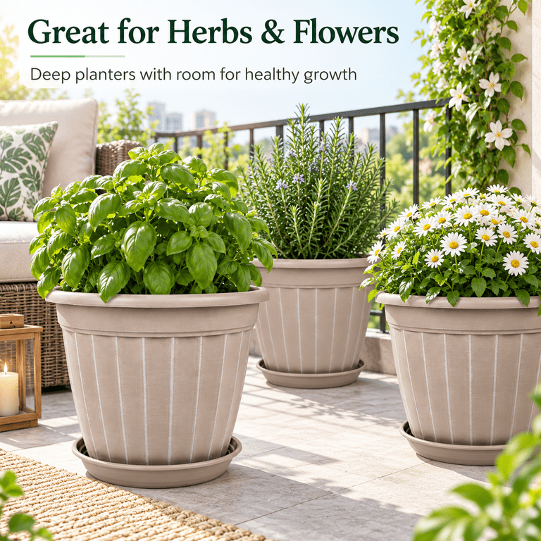 4 Pack 12 Inch Large Plastic Plant Pots with Drainage Holes and Saucers ...