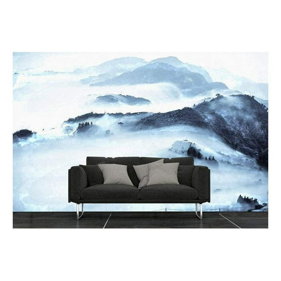 wall26 - Large Wall Mural - Black and White Landscape with Mountains in The Fog | Self-Adhesive Vinyl Wallpaper/Removable Modern Wall Decor - 100x144 inches