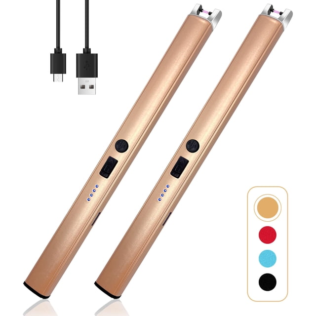 2 Piezas Encendedor Eléctrico de Plasma a Prueba de Viento con Pantalla LED de Energía y Interruptor de Seguridad Recargable USB para Velas Camping BBQ Oro Champán