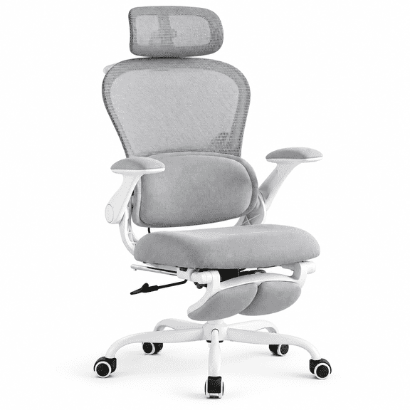 FAMIC Reclining Ergonomic Mesh Desk Chair with Footrest and Lumbar Support for Home Office,350lbs, Grey