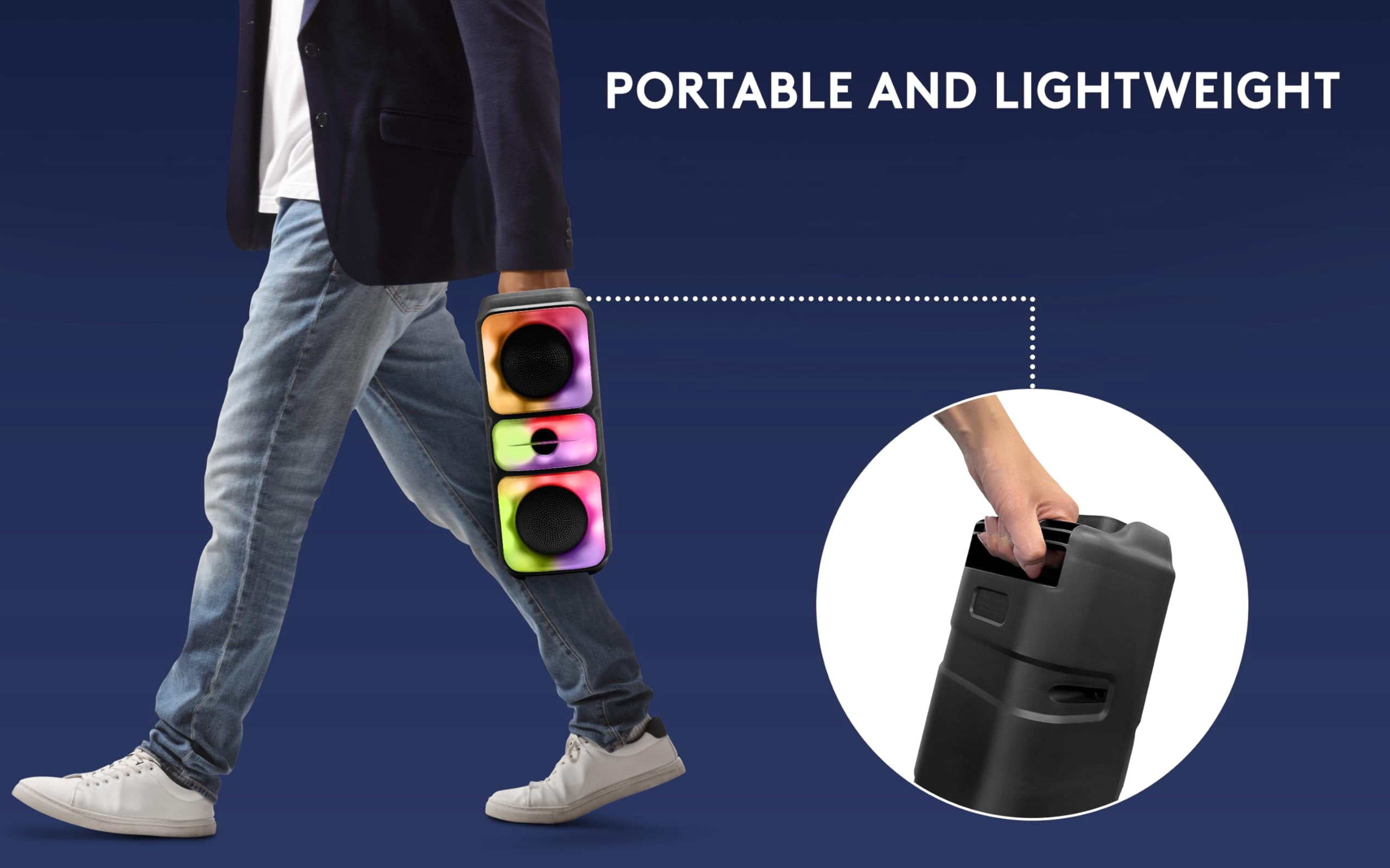 Fisher Portable Bluetooth Wireless Speaker System: Dual 4" 20W Peak Power|Loud HD Deep Bass Sound & LED Lights, Rechargeable|TWS Pairing|Long Lasting Battery, USB Port, TF, AUX, Handle Bar