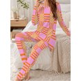 thumbnail image 3 of Women's Milk Silk Sleepwear Long Sleeve Pajama Set Pink Orange Plaid 2 Piece Loungewear, 3 of 7
