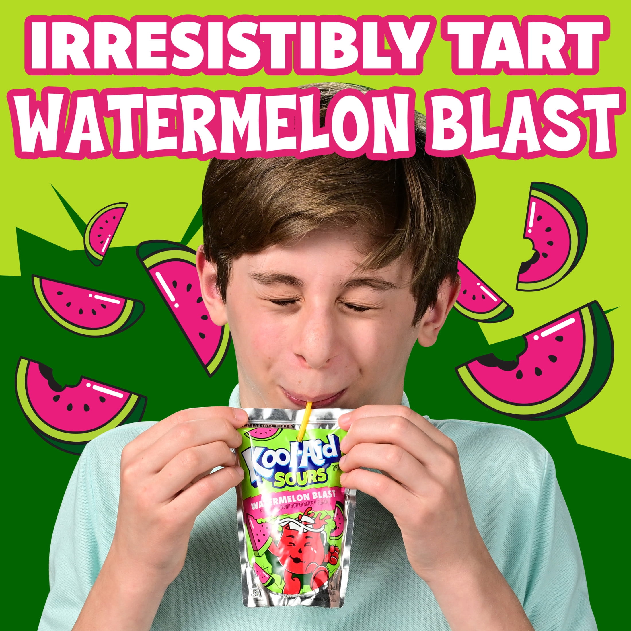 Kool-Aid Sours Natural Flavor with Other Natural Flavor Drink, 10 Pouches, for On-the-Go Hydration, Watermelon Blast, Sour Candy Flavor, No Artificial Dyes, 6 oz