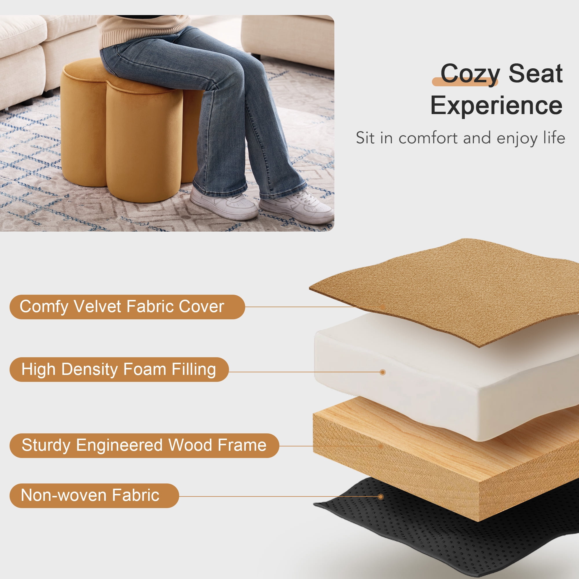 Zesthouse 18.5″ Velvet Fabric Ottoman, Modern Ottoman Coffee Table for Living Room, Flower Shaped Foot Stools, Upholstered Footrest Stool for Couch, Came