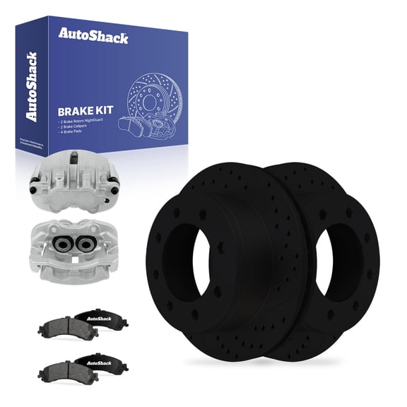AutoShack Rear Vented Drilled & Slotted E-Coated Brake Rotors Black Finish   Ceramic Pads   Calipers 8-PC Brake Kit Replacement for 2005 GMC Sierra 1500 NightGuard 12.99" (330 mm)