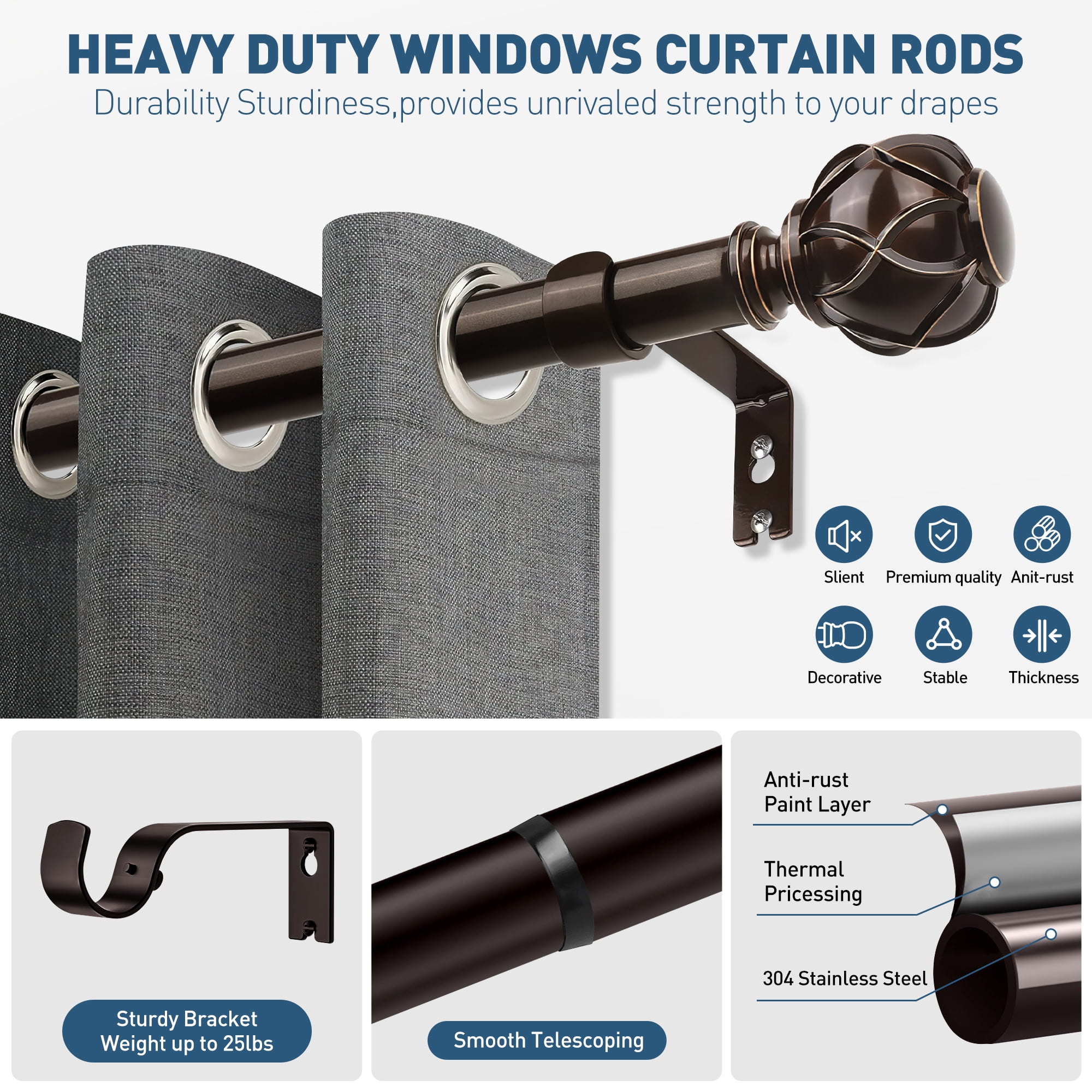 Bronze Curtain Rods for Windows 48 to 120 inches, Adjustable Length Curtain Rod with Metal Finials, 1 inch Diameter Heavy Duty Drapery Rod for Modern Decor Bedroom Kitchen Living Room